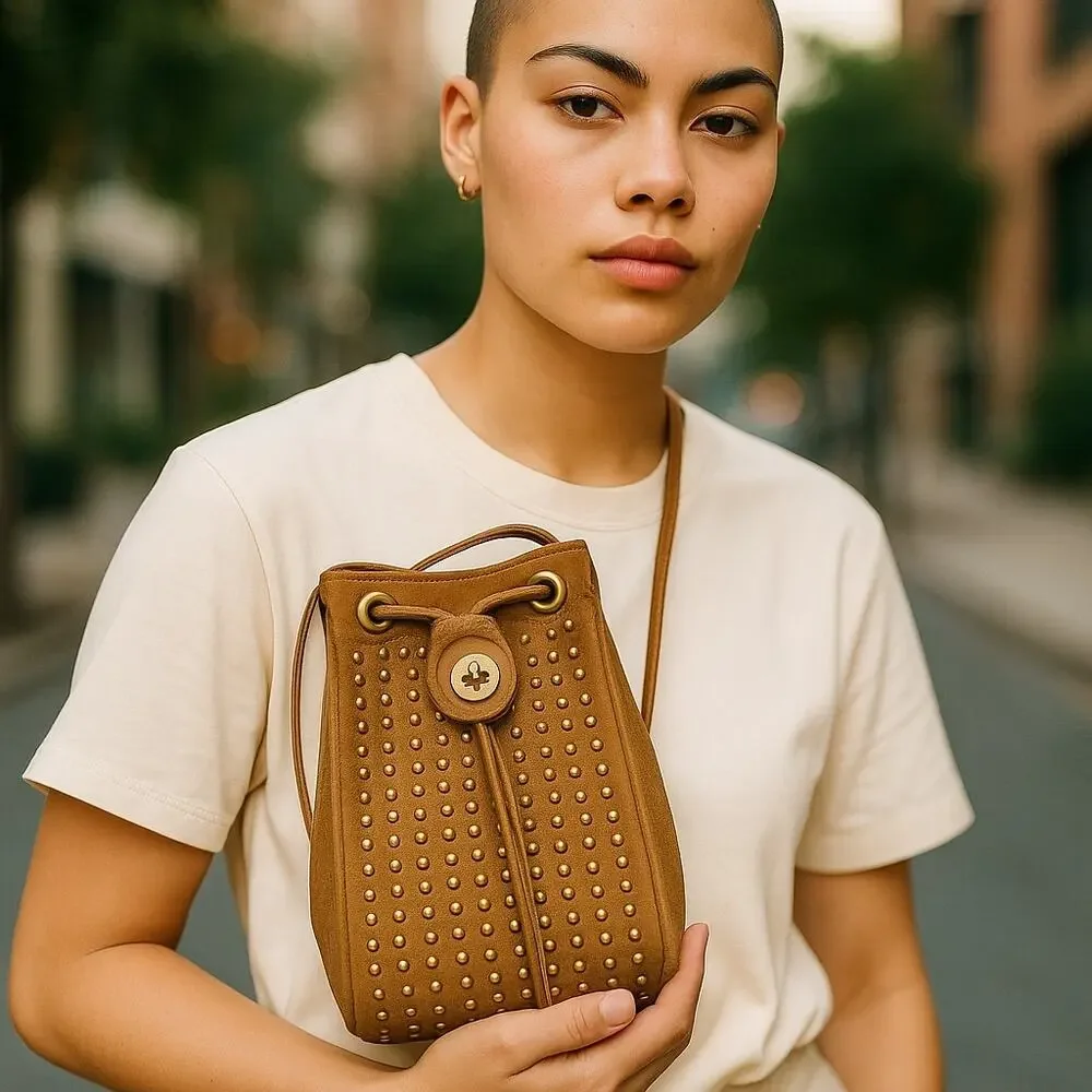 Ladies Tan Studded St Maartan Dallas Crossbody Bucket Drawstring Shoulder Bag